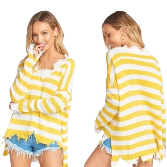Show Me Your Mumu Delphina Distressed Yellow Rugby Stripe sweater Fall Boho - Picture 1 of 9